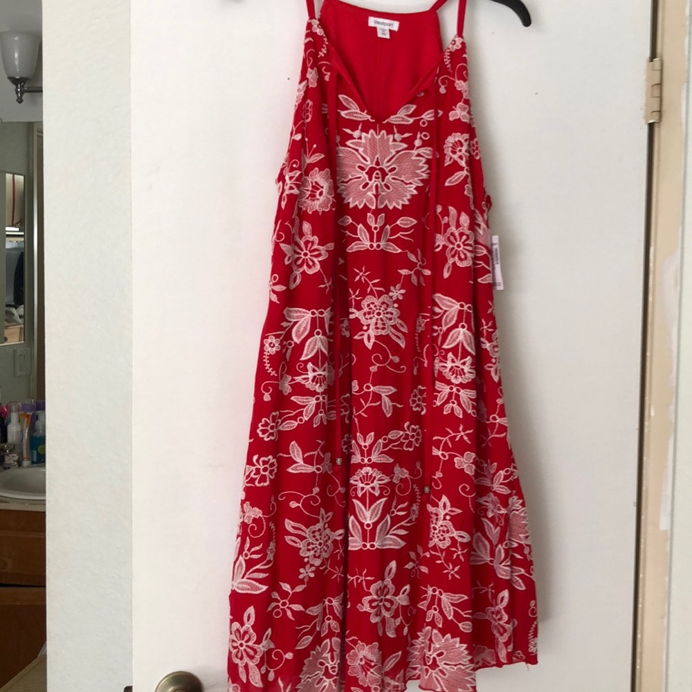 Red and white puffy flowered dress